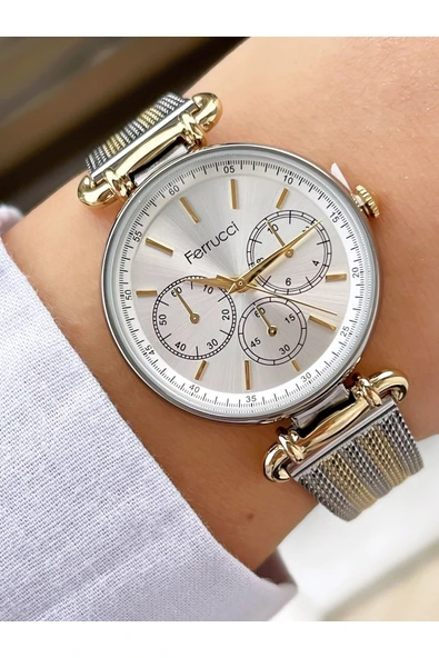 Ferrucci Altın Gold Silver Çift Renk Klasik Hasır Kordon Kadın Kol Saati - Resim 3