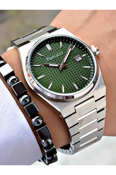 Ferrucci Gümüş Renk Yeşil Şık Spor Çelik Kordon Fonksiyonlu Erkek Kol Saati + BİLEKLİK ürün görseli 1