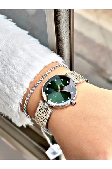 Ferrucci Altın Gümüş Renk Kesme Cam Kristal Model Şık Model Kadın Kol Saati + BİLEKLİK HEDİYELİ - Resim 2