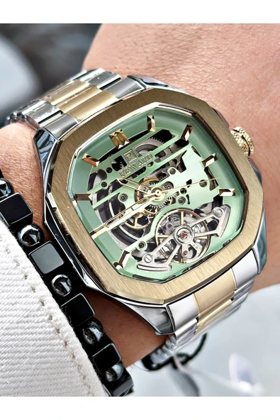 Reward Altın Gümüş Renk Otomatik İskelet Kare Model Mekanizma Erkek Kol Saati + BİLEKLİK - Resim 3