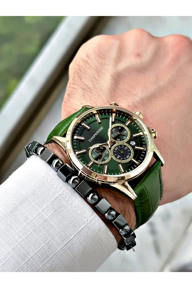 Chaperone Yeşil Renk Deri Kordon Fonksiyonlu  Erkek Kol Saati + BİLEKLİK HEDİYELİ By REWARD - Resim 2