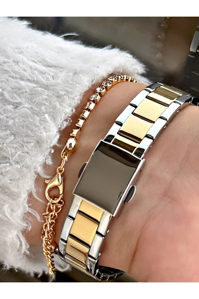 Ferrucci Altın-Gümüş Renk Çelik Kordon Taşlı Kasa Kadın Kol Saati + Bileklik Hediyeli - Resim 3