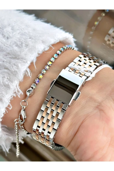 Ferrucci Rose Gümüş Renk Kesme Cam Kristal Model Şık Model Kadın Kol Saati + BİLEKLİK HEDİYELİ - Resim 3