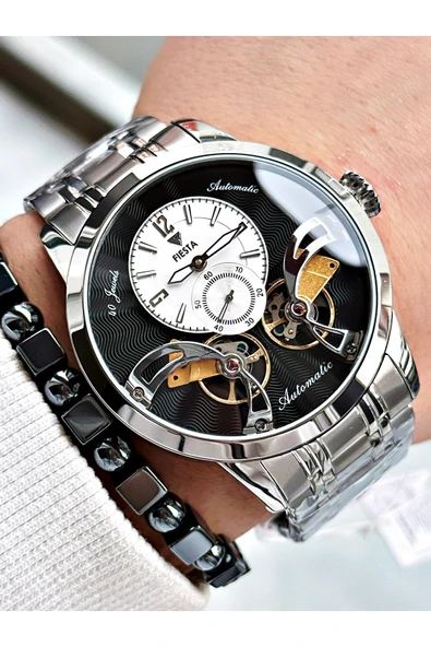 Fiesta Gümüş Renk Çift Türbünlü Otomatik Business Erkek Kol Saati + BİLEKLİK - Resim 2
