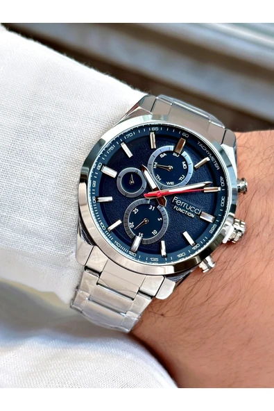 Ferrucci Gümüş Renk Çelik Kordon Şık Dizayn Fonksiyonlar Aktif Erkek Kol Saati + BİLEKLİK HEDİYELİ - Resim 2