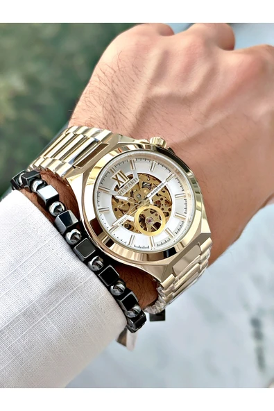 Reward Altın Renk Çelik Kasa kordon  Mekanizma Lüx Erkek Kol Saati + BİLEKLİK - Resim 3