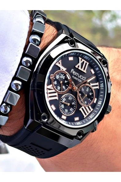 Ferrucci Siyah Renk Silikon Fonksiyonlar Aktif Spor Erkek Kol Saati + BİLEKLİK - Resim 2