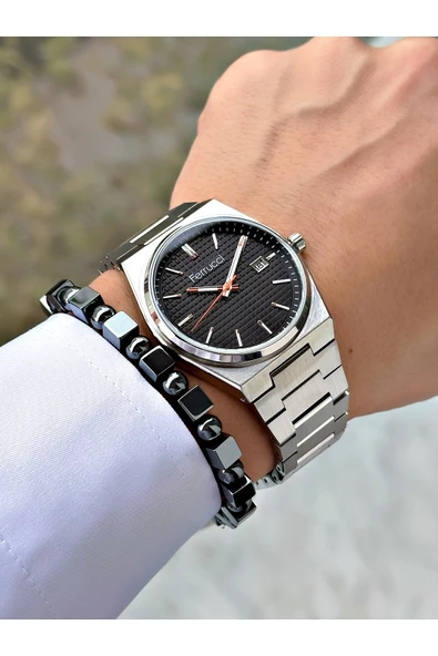 Ferrucci Gümüş Renk Şık Spor Çelik Kordon  Fonksiyonlu Erkek Kol Saati + BİLEKLİK - Resim 2