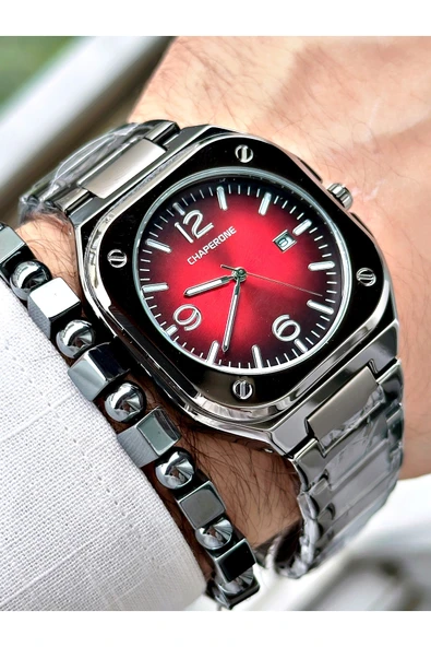 Chaperone Füme Renk Sade Klasik Kare Model Çelik Kordon Erkek Kol Saati + BİLEKLİK HEDİYELİ By REWARD - Resim 3