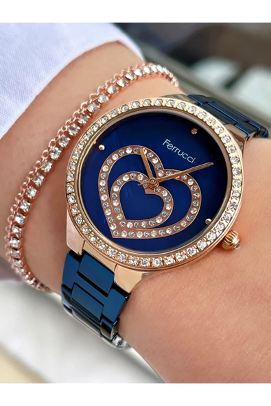 Ferrucci Lacivert Renk Rose Gold Kasa Kalpli Model Kadın Kol Saati + Bileklik Hediyeli ürün görseli 1