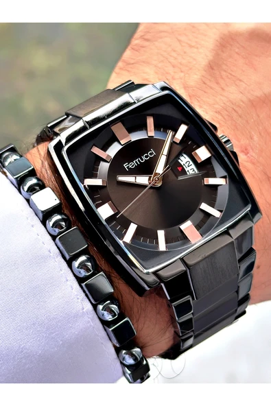 Ferrucci Siyah Renk Kare Klasik Çelik Kordon Erkek Kol Saati + BİLEKLİK - Resim 4