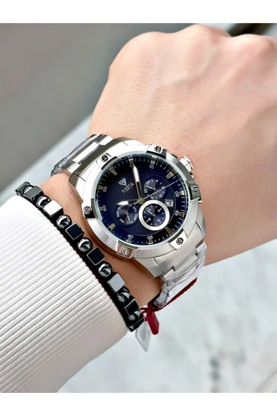 Fiesta Gümüş Renk Fonksiyonlu Çelik Makine Garantili Erkek Kol Saati + BİLEKLİK - Resim 2