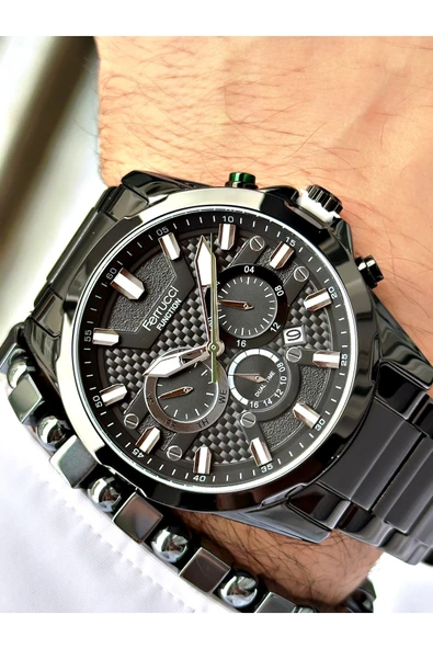 Ferrucci Siyah Renk Fonksiyonlar Aktif Orijinal Çelik Kordon Erkek Kol Saati + BİLEKLİK HEDİYELİ - Resim 2