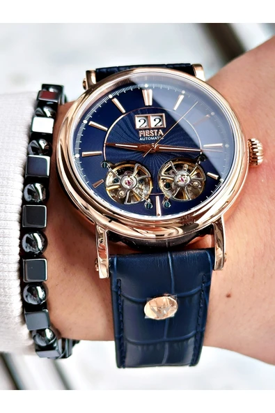 Fiesta Lacivert Renk Çift Türbünlü Deri Kordon Business Otomatik Erkek Kol Saati + BİLEKLİK ürün görseli 1