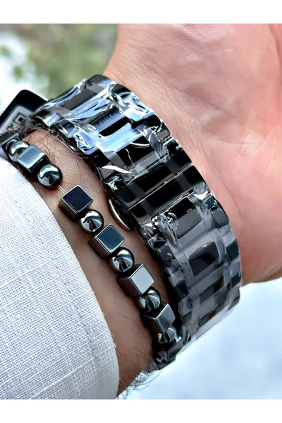 GÜMÜŞ Gümüş Renk Kare Model Çelik Kordon  Erkek Kol Saati + Bileklik - Resim 4