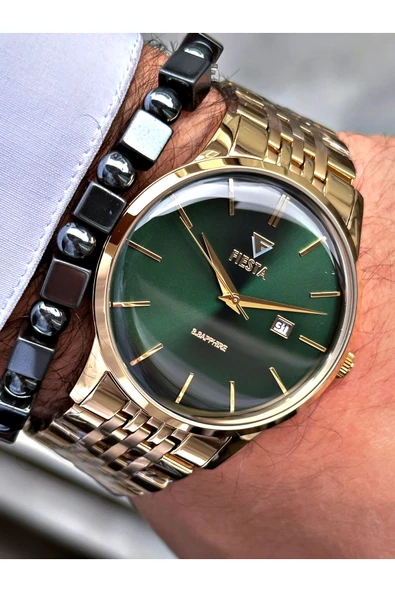 Fiesta Altın Renk Bombeli Safir Cam Lüx Çelik Erkek Kol Saati + BİLEKLİK HEDİYELİ ürün görseli 1