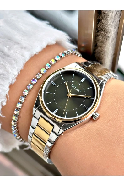 Ferrucci Altın Gümüş Renk Sade Klasik Kadın Kol Saati + BİLEKLİK ürün görseli 1