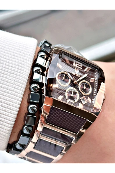 Fiesta Kahve Renk Kare Aynalı Model Çelik Business Erkek Kol Saati + BİLEKLİK - Resim 4