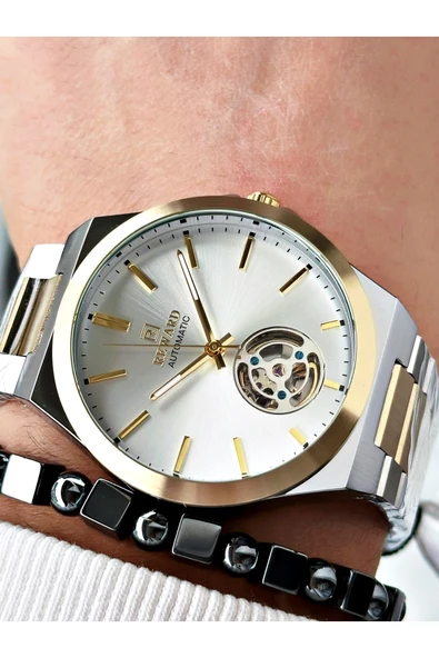 Reward Altın Gümüş Renk Otomatik Kurmalı Çelik Kordon Erkek Kol Saati + BİLEKLİK ürün görseli 1