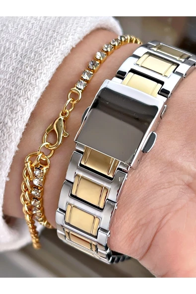 Ferrucci Altın - Gümüş Renk Çelik Kordon Kadın Kol Saati Bileklik Hediyeli - Resim 3
