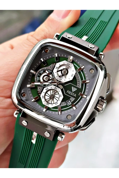 Fiesta Yeşil Renk Kare Model Çelik Kasa Garantili Business Erkek Kol Saati + BİLEKLİK ürün görseli 1