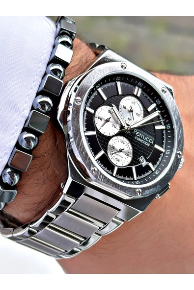 Ferrucci Gümüş Renk Çelik Kordon Fonksiyonlar Aktif Erkek Kol Saati + BİLEKLİK ürün görseli 1