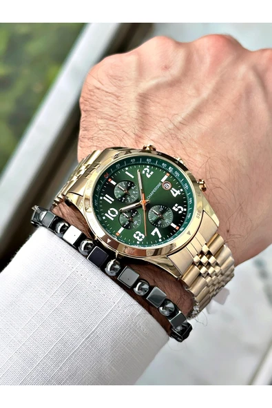 Chaperone Altın Renk Rakamlı Model Takvimli  Fonksiyonlu Erkek Kol Saati  + BİLEKLİK HEDİYELİ By Reward - Resim 2