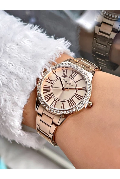 Ferrucci Taşlı Kasa Rosegold Renk Çelik Kordon Kadın Kol Saati Bileklik Hediyeli - Resim 2