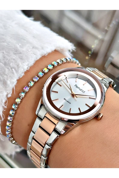 Ferrucci Rose Gold Gümüş Renk Aynalı Cam Kristal Model Şık Model Kadın Kol Saati + BİLEKLİK HEDİYELİ ürün görseli 1