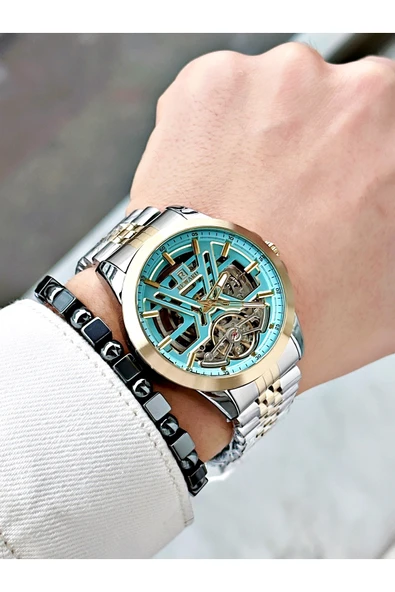Reward Altın Gümüş Renk Otomatik Mekanizma Çelik Kordon Erkek Kol Saati + BİLEKLİK - Resim 3