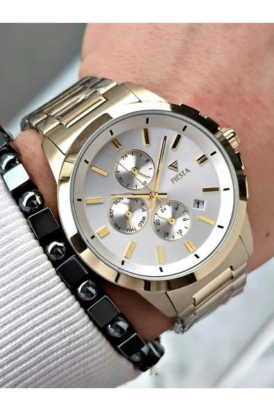 Fiesta Altın Renk Fonksiyonlar Aktif Elite Çelik Erkek Kol Saati + BİLEKLİK - Resim 3