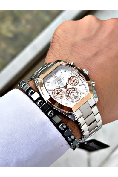 Ferrucci Gümüş Renk Fonksiyonlar Aktif Kare Model Klasik Erkek Kol Saati + BİLEKLİK - Resim 2