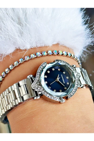 Chaperone Gümüş Renk Taşlı Model Minimal Aynalı Kadın Kol Saati + BİLEKLİK ürün görseli 1