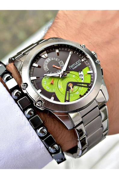 Ferrucci Füme Renk Spor Fonksiyonlu  Çelik Kordon Erkek Kol Saati + BİLEKLİK - Resim 3