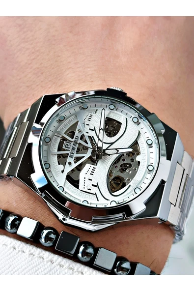Reward Gümüş Renk Kabe Desen Otomatik Mekanizma Erkek Kol Saati + BİLEKLİK ürün görseli 1