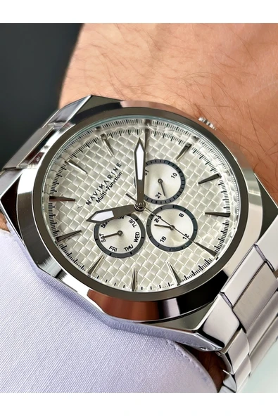 Navimarine Gümüş Renk Fonksiyonlu Çelik Kordon Erkek Kol Saati Bileklik Hediyeli ürün görseli 1