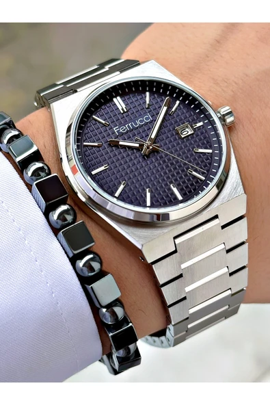 Ferrucci Gümüş Renk Lacivert Kadran Renk Şık Spor Çelik Kordon Fonksiyonlu Erkek Kol Saati + BİLEKLİK ürün görseli 1