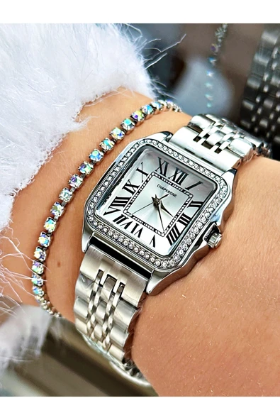 Chaperone Gümüş Renk Taşlı Model Kare Kadın Kol Saati + BİLEKLİK ürün görseli 1