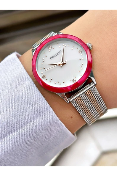 Ferrucci Silver Rose Gold Renk Hasır Metal Kadın Kol Saati - Resim 4