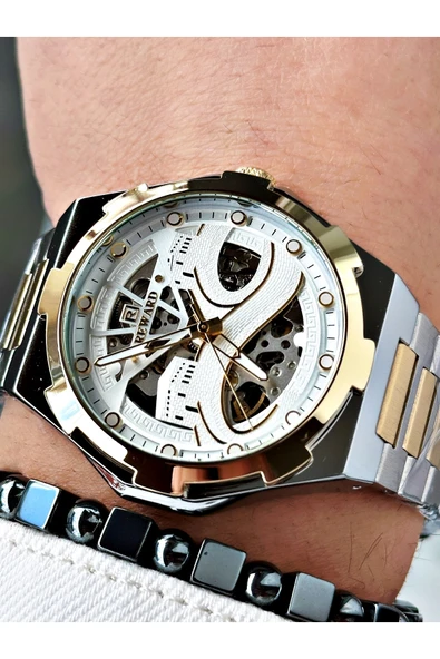 Reward Altın Gümüş Renk Kabe Desen Otomatik Mekanizma Erkek Kol Saati + BİLEKLİK - Resim 2