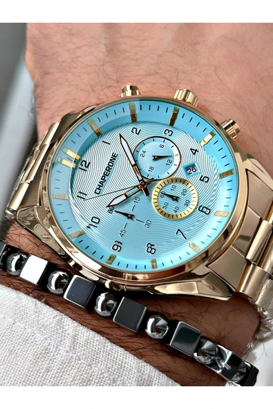 Chaperone Altın Renk Fonksiyonlar Aktif Çelik Kordon  Erkek Kol Saati + BİLEKLİK HEDİYELİ By Reward ürün görseli 1