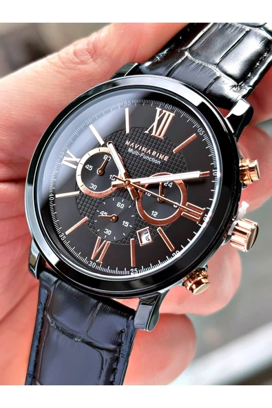 Navimarine Siyah Renk Tüm Fonksiyonlar Aktif Orjinal Deri Erkek Kol Saati + Bileklik Hediyeli ürün görseli 1