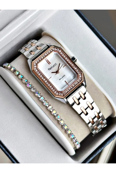 Ferrucci Gümüş Renk Taşlı Kare Model Garantili Şık Kadın Kol Saati + BİLEKLİK ürün görseli 1