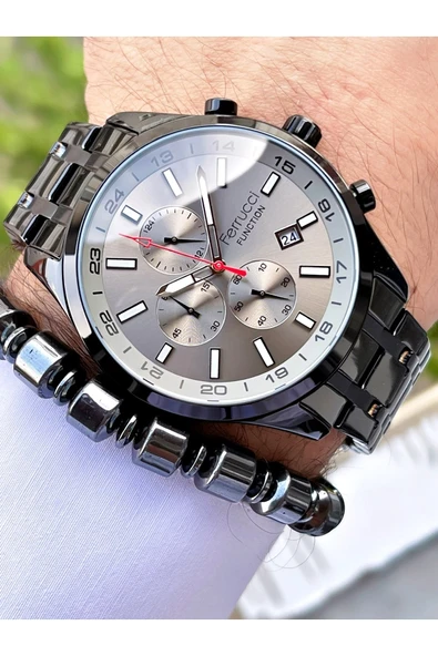 Ferrucci Siyah Renk Gri Kadran Bombeli Cam Fonksiyonlu Erkek Kol Saati + Bileklik - Resim 3