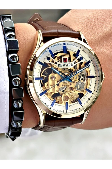 Reward Kahverengi Deri Kordon Otomatik Business Erkek Kol Saati + BİLEKLİK HEDİYELİ - Resim 3