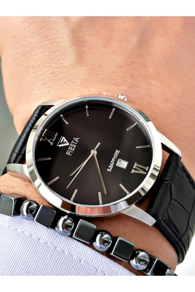 Fiesta Siyah Renk Roma Rakamlı Çelik Kasa Business Erkek Kol Saati + BİLEKLİK ürün görseli 1