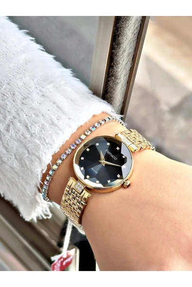 Ferrucci Altın Renk Kesme Cam Kristal Model Şık Model Kadın Kol Saati + BİLEKLİK HEDİYELİ - Resim 2