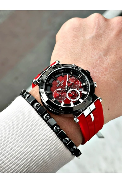 Reward Kırmızı Renk Spor Silikon Kordon Fonksiyonlu Garantili Erkek Kol Saati + BİLEKLİK - Resim 3
