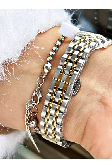 Chaperone Altın Gümüş Renk Taşlı Model Kare Kadın Kol Saati + BİLEKLİK - Resim 4