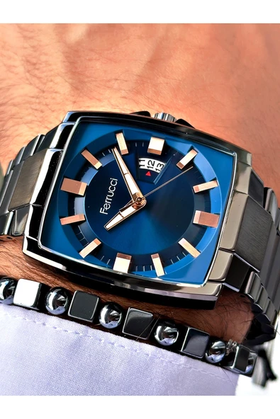 Ferrucci Füme Renk Kare Klasik Çelik Kordon Erkek Kol Saati + BİLEKLİK - Resim 2